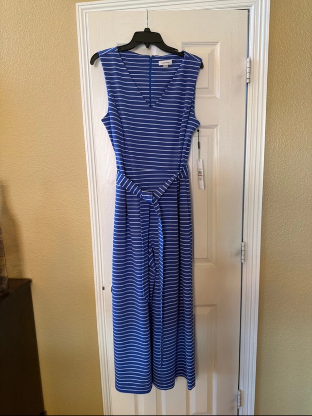 Calvin Klein Blue and White Striped V-Neck Jumpsuit with Tie Waist